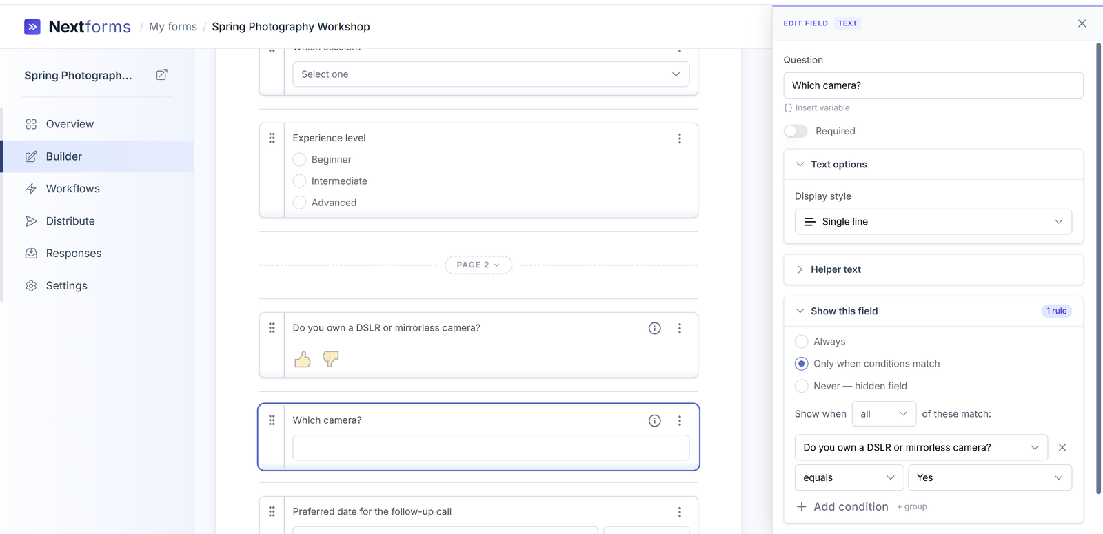 The builder with a question selected and its editor open