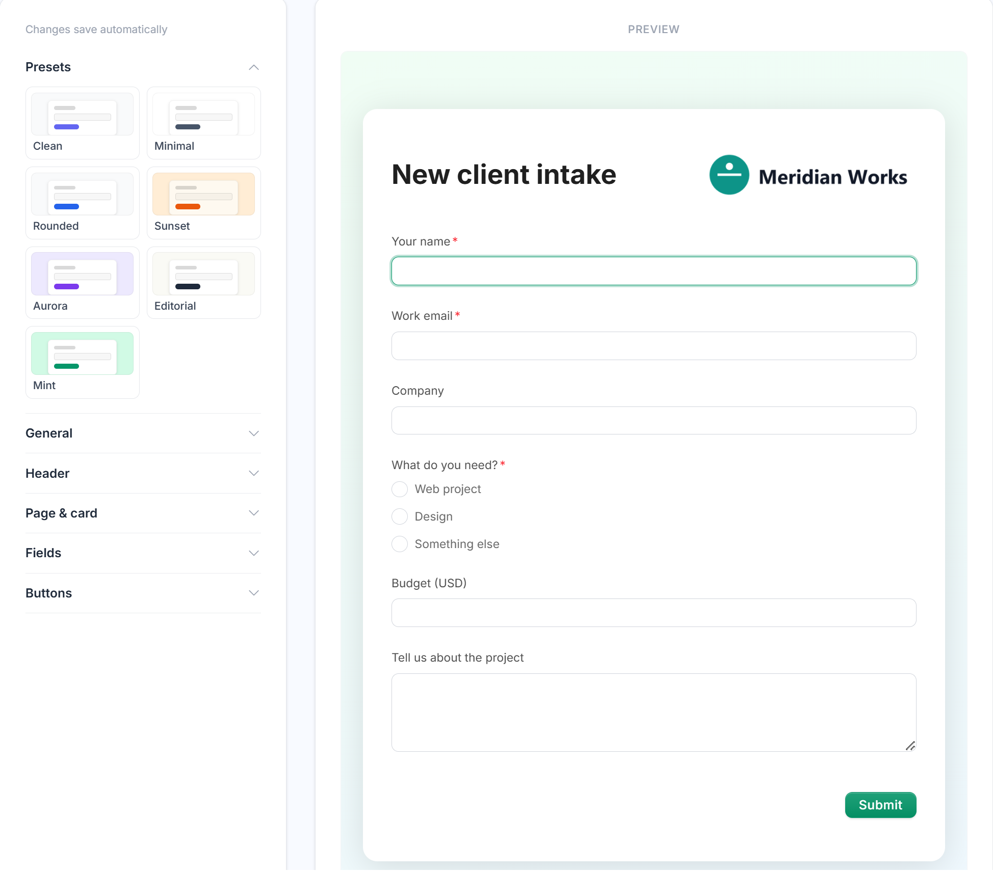 The Design tab: a presets grid and collapsed sections for General, Header, Page and card, Fields and Buttons on the left, and a live preview of a client-intake form with a company logo and mint theme on the right